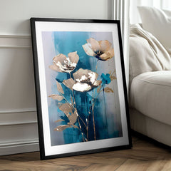 Modern tablou pe pânză în auriu-turcoaz nuanțe, atmosferă elegantă, natură și impresie de lux | Poster de perete s EXTRA efektom - Teal Flowers – produs
