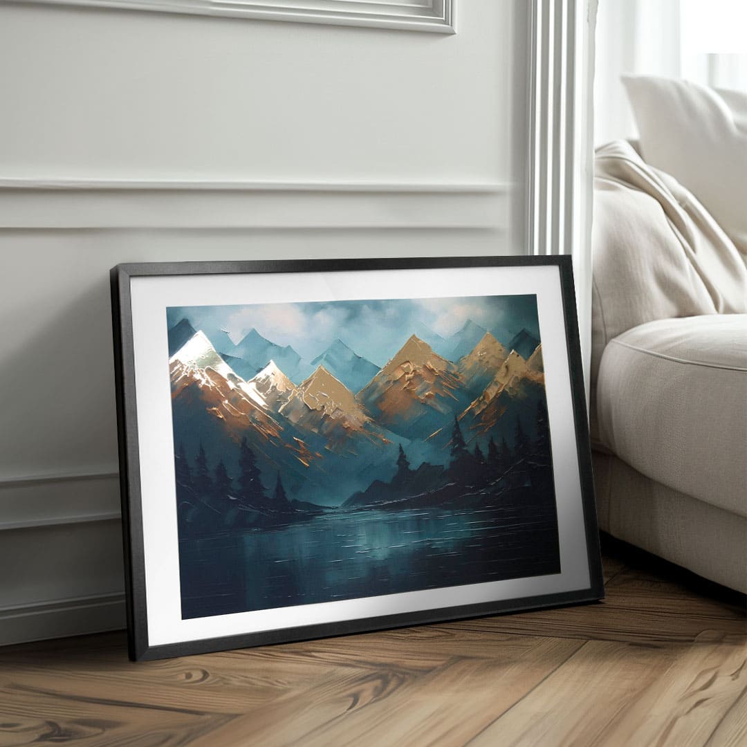 Modern tablou pe pânză cu motivul munți, zăpadă, copaci, cer, atmosferă liniștită, natură și singurătate | Poster de perete s EXTRA efektom - Mountain Majesty – produs