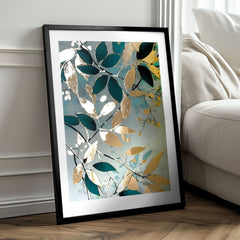 Modern tablou pe pânză cu motivul frunze, ramuri în turcoaz nuanțe, atmosferă sofisticată, natură și creștere și dezvoltare | Poster de perete s EXTRA efektom - Nordic Flora – produs