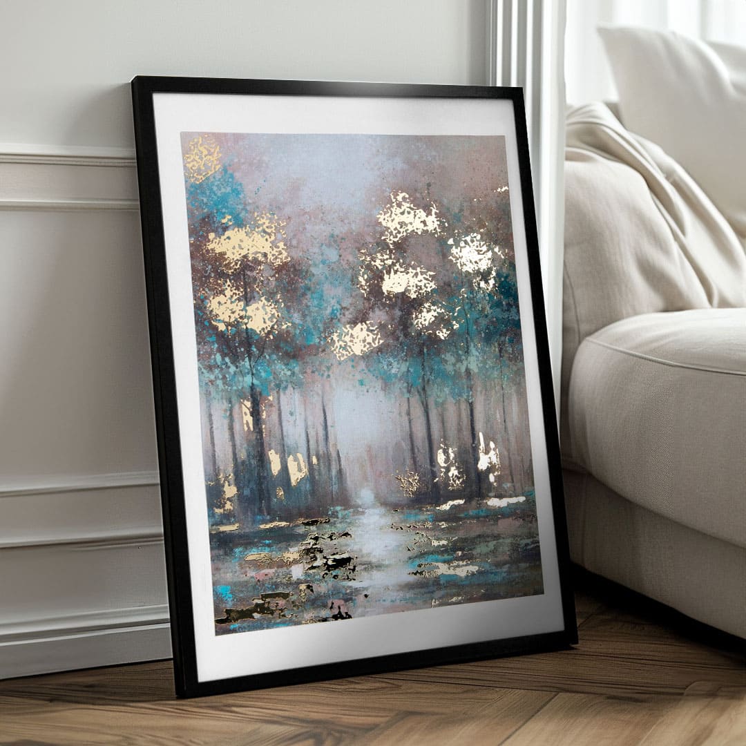 Modern tablou pe pânză cu motivul copaci, pădure, atmosferă eterică, natură și atmosferă liniștită | Poster de perete s EXTRA efektom - Norsewood – produs