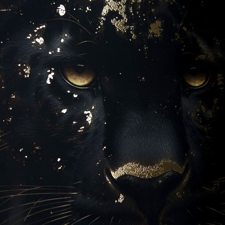 Modern tablou pe pânză cu motivul accente aurii în auriu nuanțe, atmosferă misterioasă, natură și impresie de lux | Poster de perete s EXTRA efektom - Golden Panther – produs, vedere 2