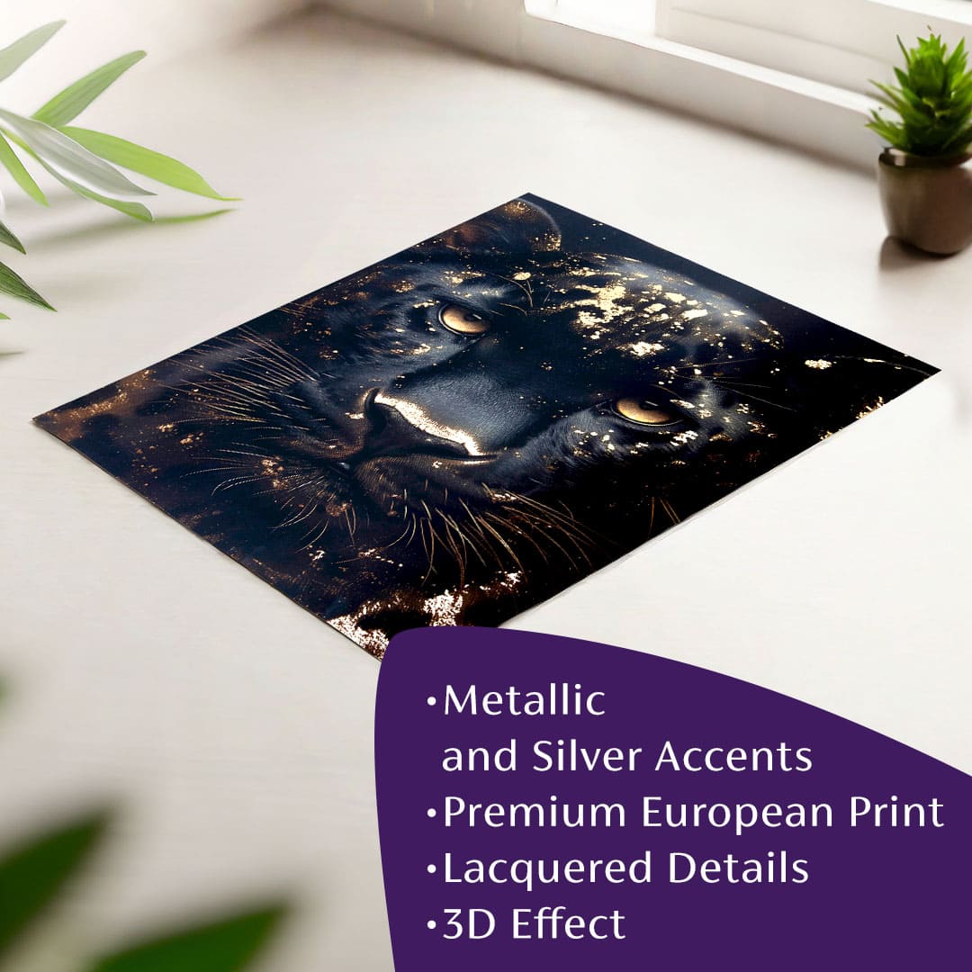 Modern tablou pe pânză cu motivul accente aurii în auriu nuanțe, atmosferă misterioasă, natură și impresie de lux | Poster de perete s EXTRA efektom - Golden Panther – principală