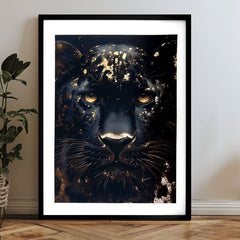 Modern tablou pe pânză cu motivul accente aurii în auriu nuanțe, atmosferă misterioasă, natură și impresie de lux | Poster de perete s EXTRA efektom - Golden Panther – produs