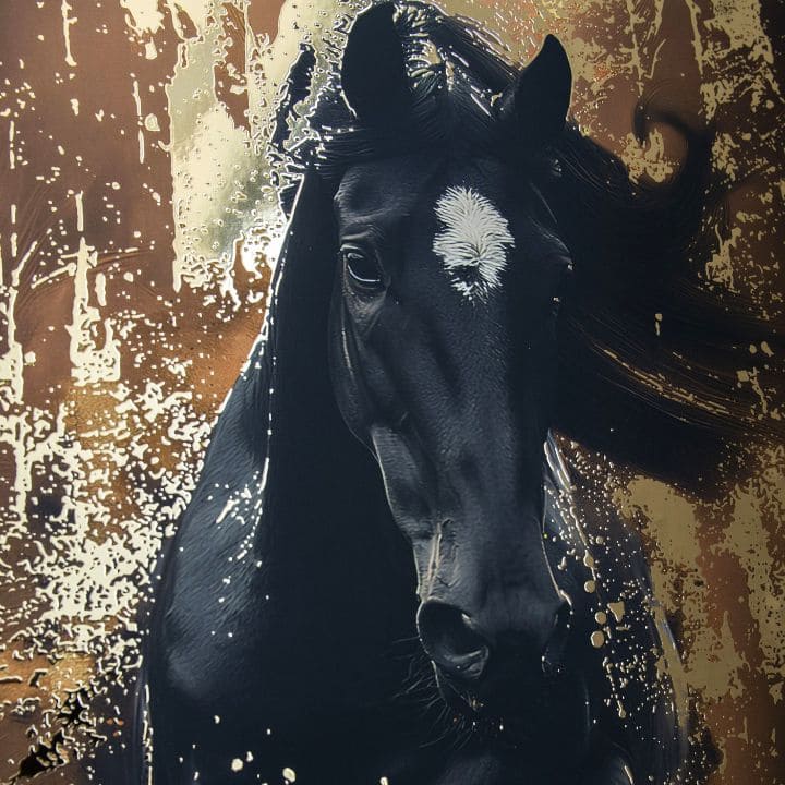 Modern tablou pe pânză cu motivul cal în negru-alb nuanțe, atmosferă dramatică, forță și natură | Poster de perete s EXTRA efektom - Valkyrie's Ride – produs, vedere 2