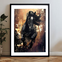 Modern tablou pe pânză cu motivul cal în negru-alb nuanțe, atmosferă dramatică, forță și natură | Poster de perete s EXTRA efektom - Valkyrie's Ride – produs