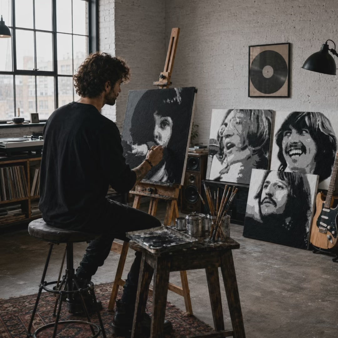 Tablou POP ART pictat manual Audrey HEPBHURN 3 buc ah1 – demonstrație video a procesului de pictură manuală. Culori dominante: negru, alb, gri.