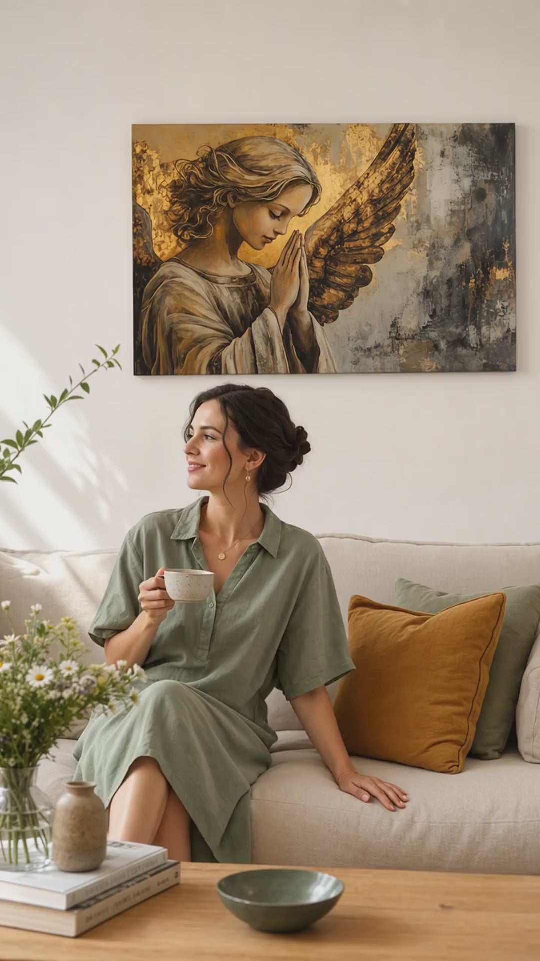 Tablouri cu îngeri Rugăciune de lumină – finisată de mâna artistului. Tablou premium pictat cu acrilic, decor modern de perete pentru sufragerie, o femeie admiră opera într-un interior stilat luminos. Papilora Premium Art (XOGMDPA154E1).