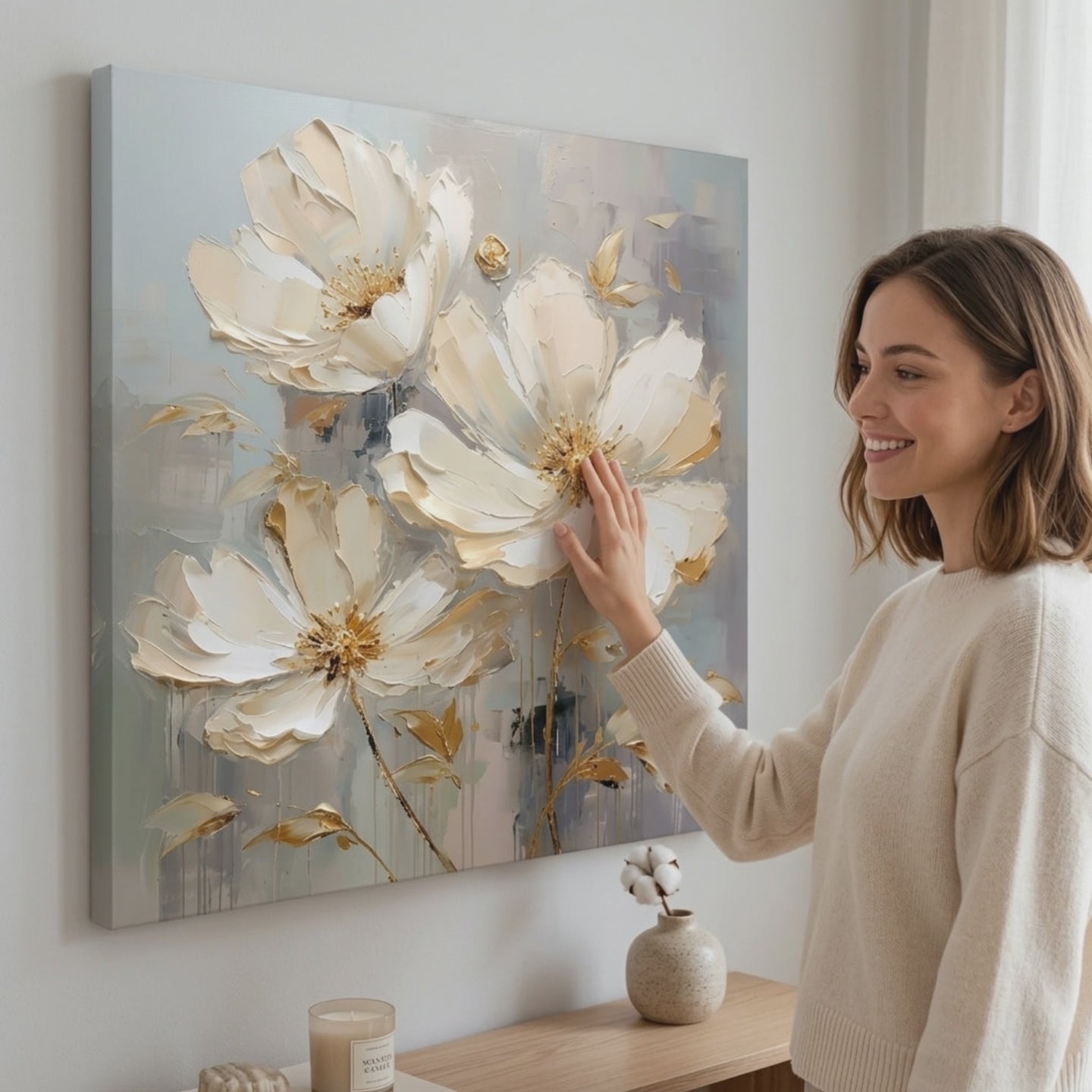 Lumea florilor pe pânză O încântare pentru simțurile tale. Decor modern de perete, tablou pe pânză pentru sufragerie, o femeie admiră opera într-un interior stilat luminos. Papilora (XOBMDFL022E1).