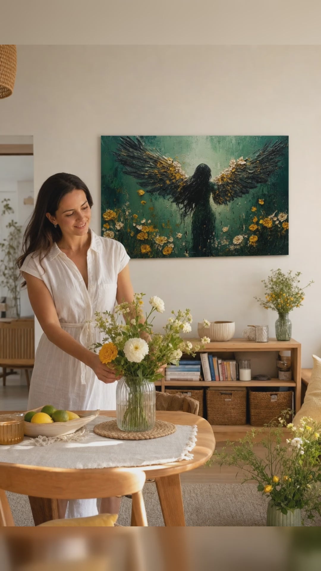 Tablouri cu îngeri Lumina speranței – finisată de mâna artistului. Tablou premium pictat cu acrilic, decor modern de perete pentru sufragerie, o femeie admiră opera într-un interior stilat luminos. Papilora Premium Art (XOGMDPA162E1).