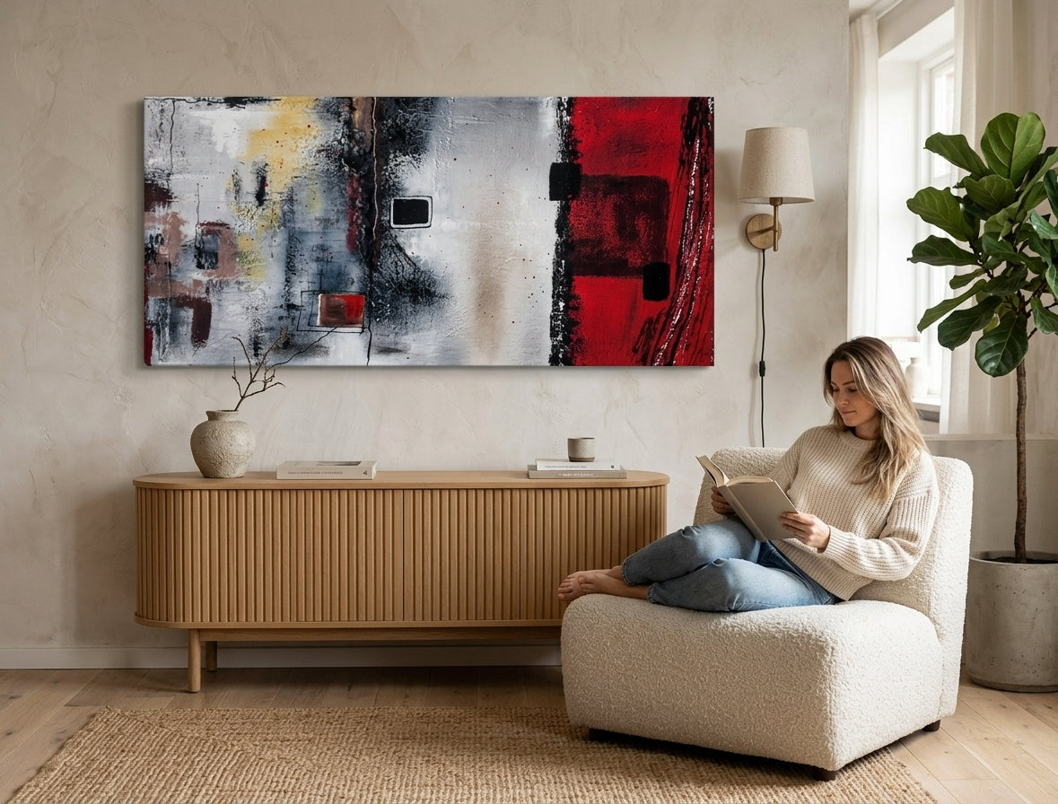 Modern tablou pe pânză cu motivul personalitate celebră în alb-roșu nuanțe agățat în interiorul birou, atmosferă urbană, viață urbană – interior