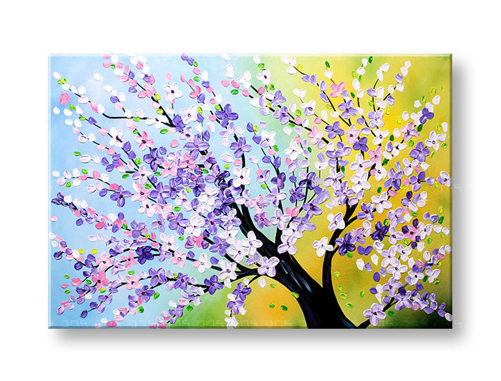 Modern tablou pe pânză cu motivul copac, ramuri, cer, flori, natură în multicolor nuanțe, atmosferă veselă, atmosferă de primăvară și natură – principală