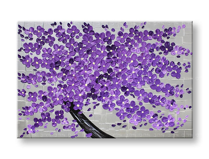 Art deco tablou cu motivul copac, flori, natură în violet-gri nuanțe | Reproducere de autor pe pânză COPACI, natură și atmosferă de primăvară – previzualizare