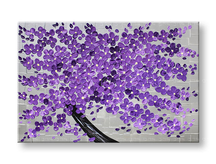 Art deco tablou pe pânză cu motivul copac, flori, natură în violet-gri nuanțe, atmosferă liniștită, natură și atmosferă de primăvară, potrivit pentru sufragerie – principală