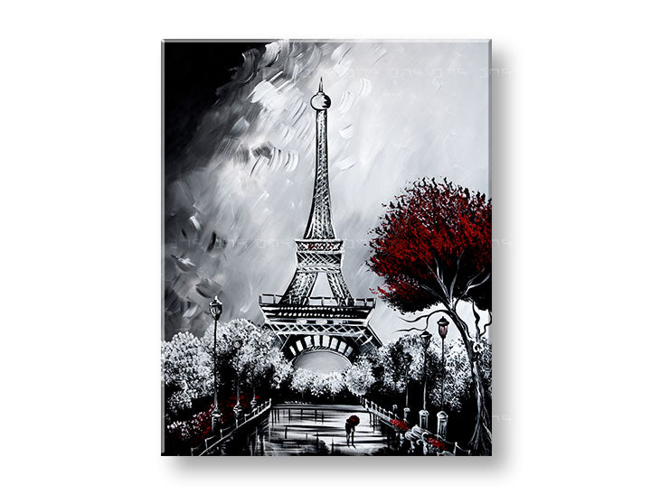 Geometric tablou pe pânză cu motivul EIFFELOVA VEŽA, Paríž, copac în gri-roșu nuanțe, atmosferă romantică, dragoste și romantism, potrivit pentru sufragerie – principală