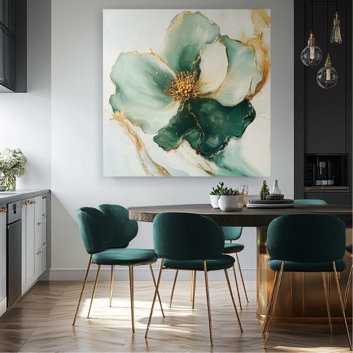 Pictat manual tablou pe pânză cu motivul smaragdové prekvapenie, floare în alb nuanțe, atmosferă elegantă, natură și impresie de lux | Tablou smaragdové prekvapenie – produs, vedere 2