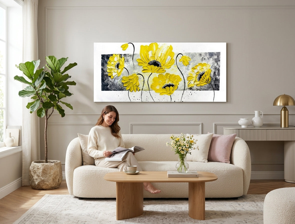 Pop art tablou pe pânză cu motivul flori, natură în alb-gri nuanțe agățat în interiorul sufragerie, atmosferă veselă, natură și atmosferă de primăvară – interior
