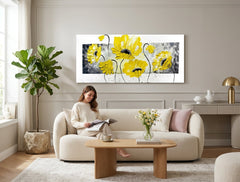 Pop art tablou pe pânză cu motivul flori, natură în alb-gri nuanțe agățat în interiorul sufragerie, atmosferă veselă, natură și atmosferă de primăvară – interior