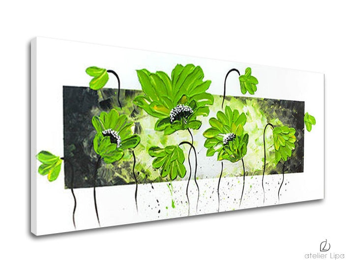 Modern tablou pe pânză cu motivul flori, hartă, natură în alb-verde nuanțe, atmosferă proaspătă, natură și atmosferă de primăvară, potrivit pentru sufragerie – principală