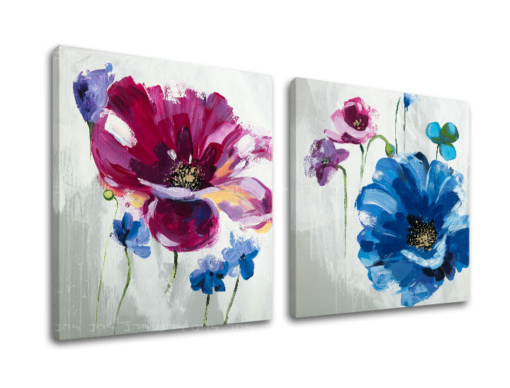În stil boho tablou pe pânză cu motivul flori, mac, margaretă, motiv botanic, natură în alb-violet nuanțe, atmosferă veselă, potrivit pentru sufragerie – principală