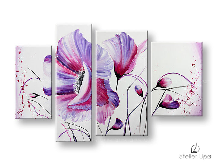 Modern tablou pe pânză cu motivul maci, flori, peisaj, natură în alb-violet nuanțe, atmosferă liniștită, natură și atmosferă de primăvară, execuție multi-panou – principală