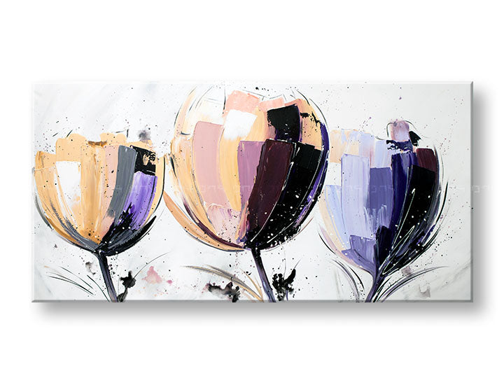 Modern tablou pe pânză cu motivul flori, lalele, peisaj în alb-violet nuanțe, atmosferă veselă, atmosferă de primăvară și natură, potrivit pentru bucătărie – principală