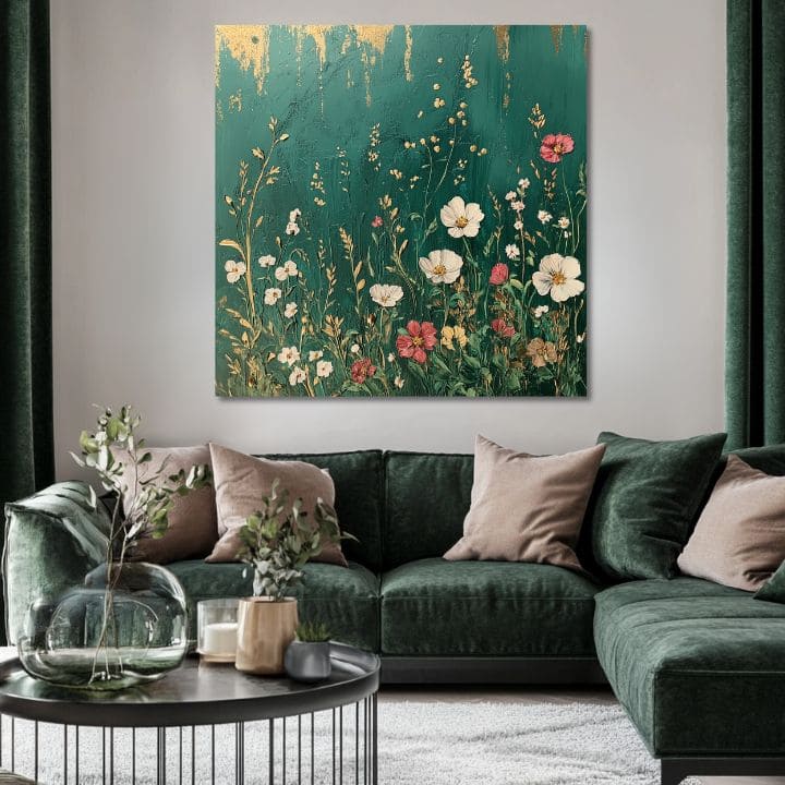 Pictat manual tablou pe pânză cu motivul grădină spomienok în turcoaz-crem nuanțe, atmosferă liniștită, natură și eleganță | Tablou grădină spomienok – produs