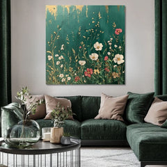 Pictat manual tablou pe pânză cu motivul grădină spomienok în turcoaz-crem nuanțe, atmosferă liniștită, natură și eleganță | Tablou grădină spomienok – produs