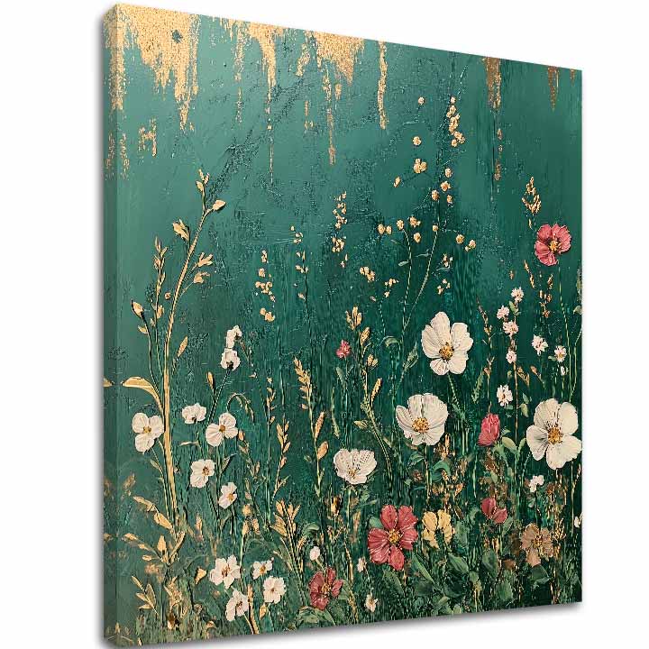 Pictat manual tablou pe pânză cu motivul grădină spomienok în turcoaz-crem nuanțe, atmosferă liniștită, natură și eleganță | Tablou grădină spomienok – principală