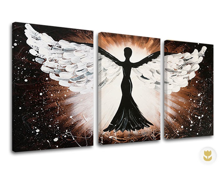 Modern tablou cu motivul înger, siluetă, peisaj în alb-negru nuanțe | Reproducere de autor pe pânză ANJEL, spiritualitate și libertate – previzualizare
