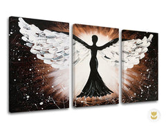 Modern tablou cu motivul înger, siluetă, peisaj în alb-negru nuanțe | Reproducere de autor pe pânză ANJEL, spiritualitate și libertate – previzualizare