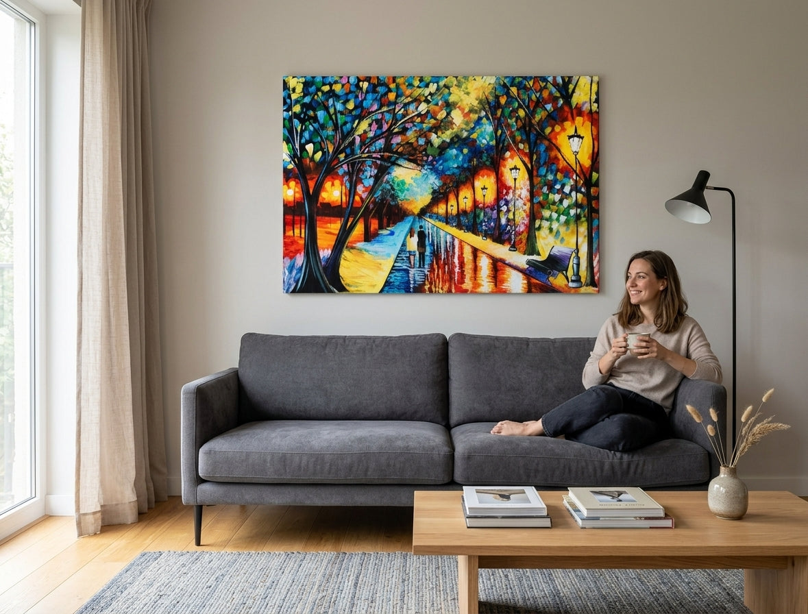 În stil boho tablou pe pânză cu motivul cuplu, copaci, potecă, bancă în parc, peisaj în albastru-portocaliu nuanțe agățat în interiorul sufragerie – interior