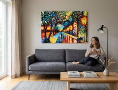 În stil boho tablou pe pânză cu motivul cuplu, copaci, potecă, bancă în parc, peisaj în albastru-portocaliu nuanțe agățat în interiorul sufragerie – interior