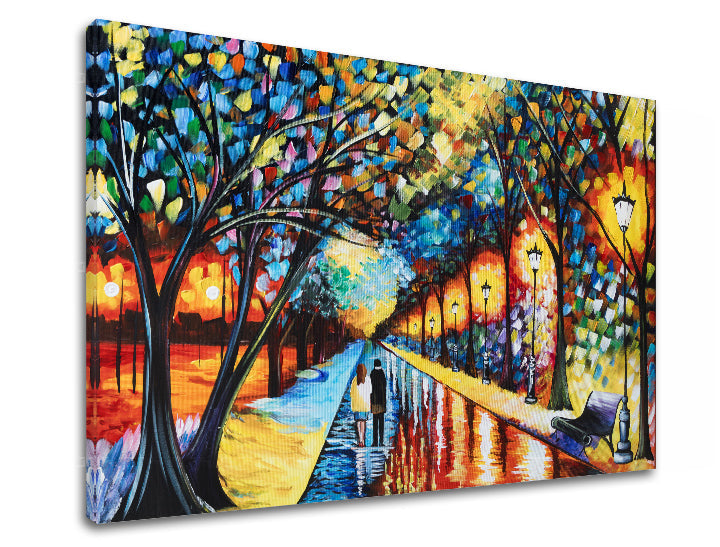 În stil boho tablou pe pânză cu motivul cuplu, copaci, potecă, bancă în parc, peisaj în albastru-portocaliu nuanțe, atmosferă romantică, potrivit pentru sufragerie – principală