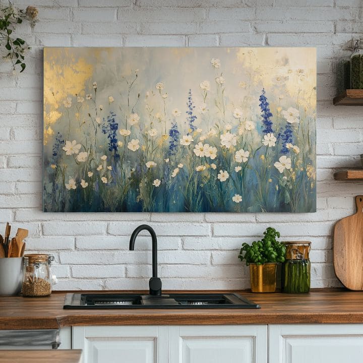 Modern tablou pe pânză cu motivul Demeterina pajiște în crem nuanțe, atmosferă liniștită, natură și atmosferă de primăvară | Tablou Demeterina pajiște – produs, vedere 2