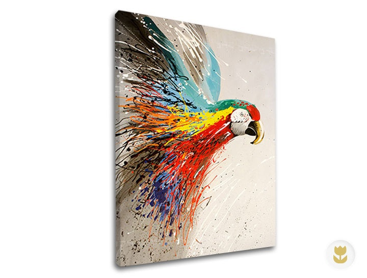În stil scandinav tablou pe pânză cu motivul PAPAGÁJ, pasăre, peisaj, hartă, animal în multicolor nuanțe, atmosferă energică, potrivit pentru sufragerie – principală