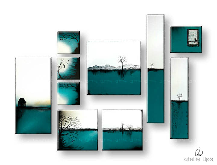 Modern tablou pe pânză cu motivul peisaj, munți, natură în alb-albastru nuanțe, atmosferă liniștită, natură și singurătate, execuție multi-panou – principală