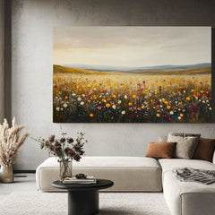 Pictat manual tablou pe pânză cu motivul mister súmraku, pajiște, cer în auriu-portocaliu nuanțe, atmosferă liniștită, natură și creștere și dezvoltare – produs, vedere 2