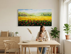 Rustic tablou pe pânză cu motivul maci, câmp, cer, peisaj în albastru-verde nuanțe agățat în interiorul bucătărie, atmosferă liniștită, natură – interior