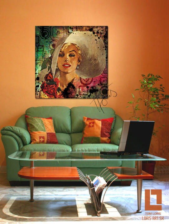 În stil boho tablou pe pânză cu motivul femeie, față, flori, oameni în verde-roșu nuanțe agățat în interiorul sufragerie, atmosferă vibrantă, nostalgie – interior