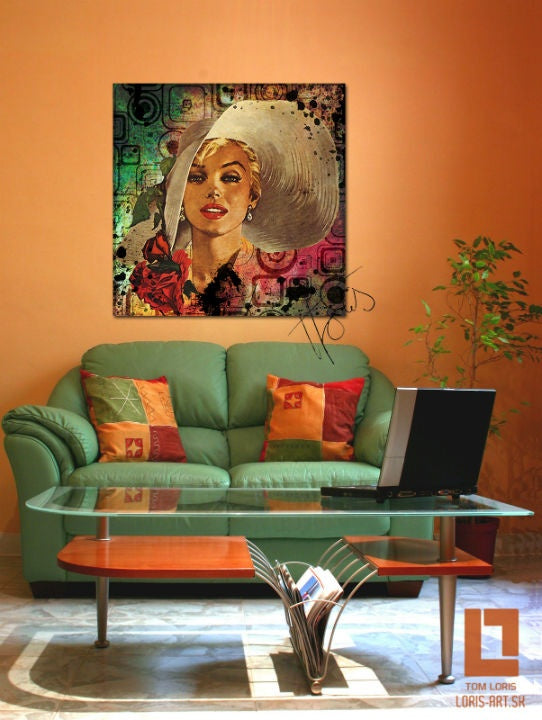 În stil boho tablou cu motivul femeie, față, flori în verde-roșu nuanțe | Retro, nostalgie, decorațiune de perete – previzualizare