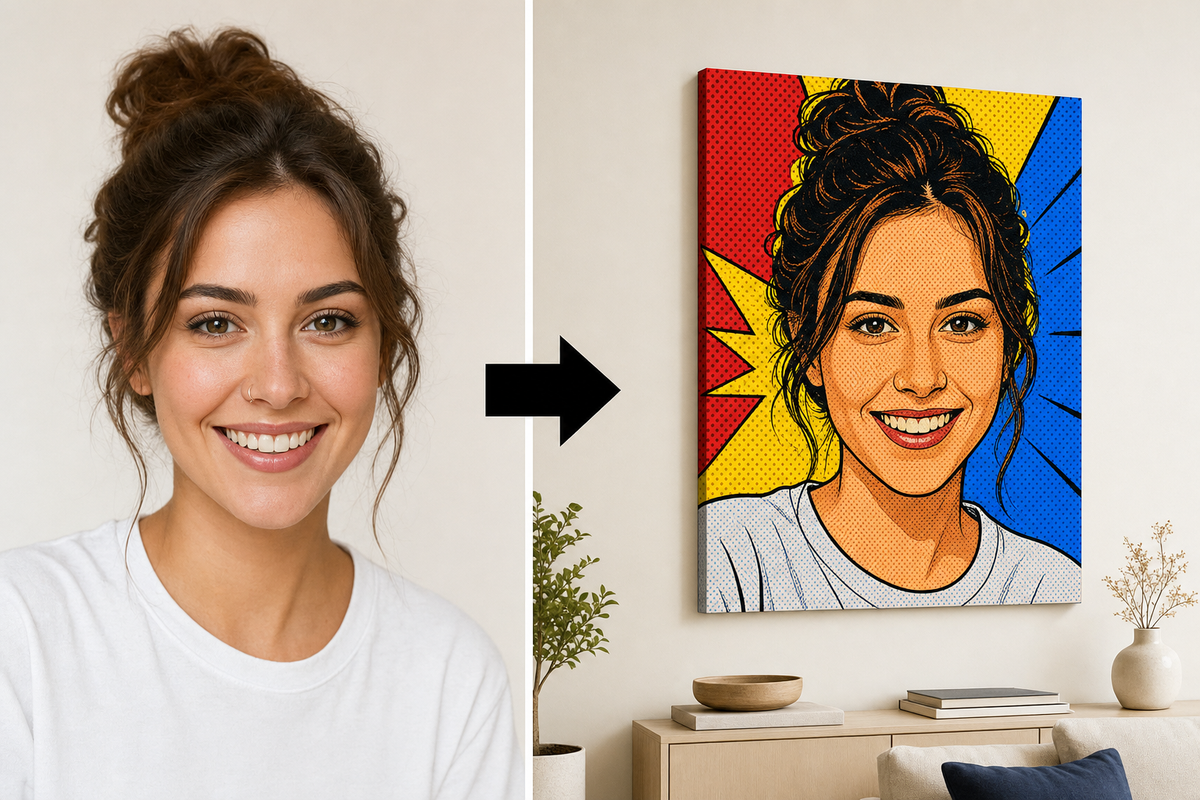 O pânză imprimată cu un portret pop art al unei femei zâmbitoare, cu un fundal vibrant roșu, galben și albastru, este prezentată pe un șasiu din lemn, Papilora.
