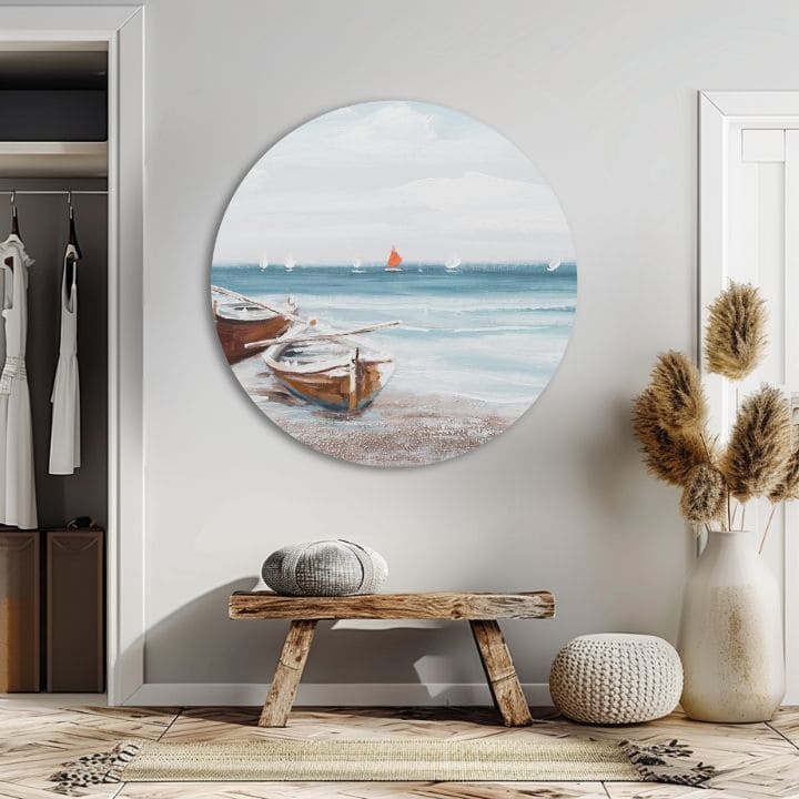 În stil boho tablou pe pânză cu motivul ocean, plajă, cer, peisaj, mare și plajă în alb-bej nuanțe, atmosferă liniștită, potrivit pentru dormitor – produs