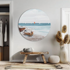În stil boho tablou pe pânză cu motivul ocean, plajă, cer, peisaj, mare și plajă în alb-bej nuanțe, atmosferă liniștită, potrivit pentru dormitor – produs