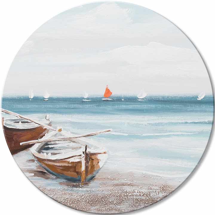 În stil boho tablou pe pânză cu motivul ocean, plajă, cer, peisaj, mare și plajă în alb-bej nuanțe, atmosferă liniștită, potrivit pentru dormitor – principală