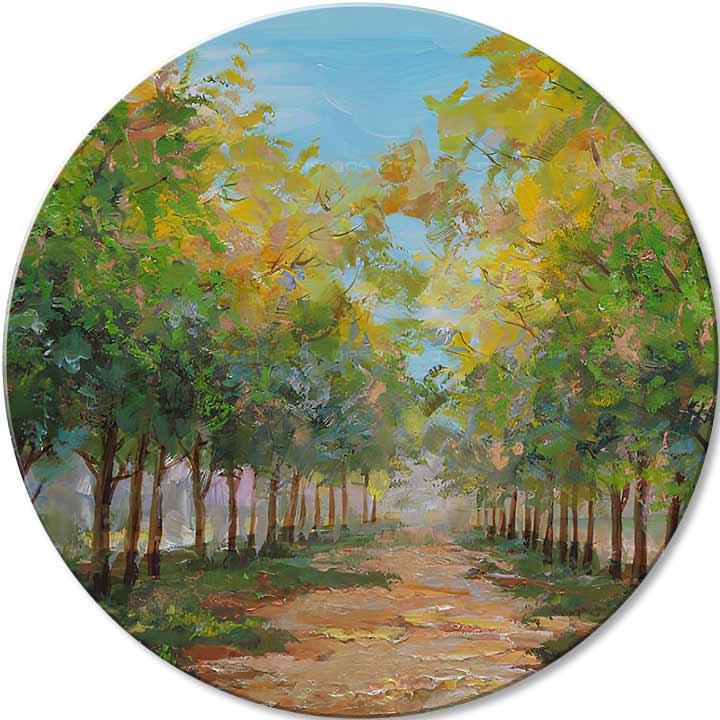 Pictat manual tablou pe pânză cu motivul copaci, potecă, cer, natură în maro-albastru nuanțe, atmosferă liniștită, natură, potrivit pentru hol – principală