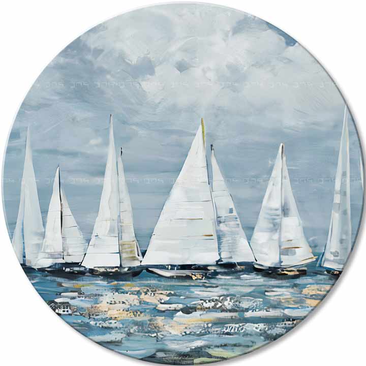 Pictat manual tablou pe pânză cu motivul ocean, cer, nori în alb-albastru nuanțe, atmosferă liniștită, libertate, potrivit pentru dormitor | Rotund pictat tablou Oddych pe mare – principală