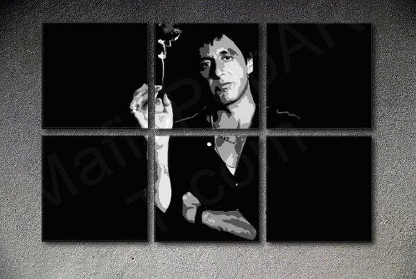 Pop art tablou pe pânză cu motivul SCARFACE-AL PACINO 6 piese XXL Akcia al8, floare în gri-negru nuanțe, atmosferă dramatică, potrivit pentru sufragerie – principală