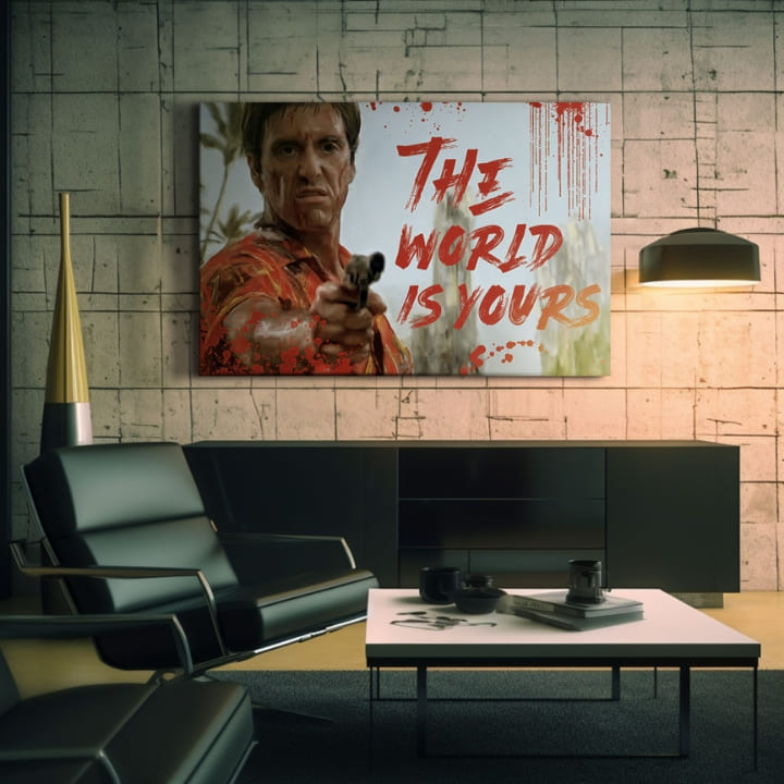 Pop art tablou pe pânză cu motivul Krvavý Tony Montana so zbraňou v ruke, peisaj în alb-roșu nuanțe, forță și putere | Scarface tablou pe pânză Krvavý Tony Montana so zbraňou v ruke –..., vedere 2