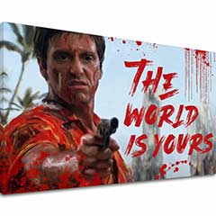 Pop art tablou pe pânză cu motivul Krvavý Tony Montana so zbraňou v ruke, peisaj în alb-roșu nuanțe, forță și putere | Scarface tablou pe pânză Krvavý Tony Montana so zbraňou v ruke – principală