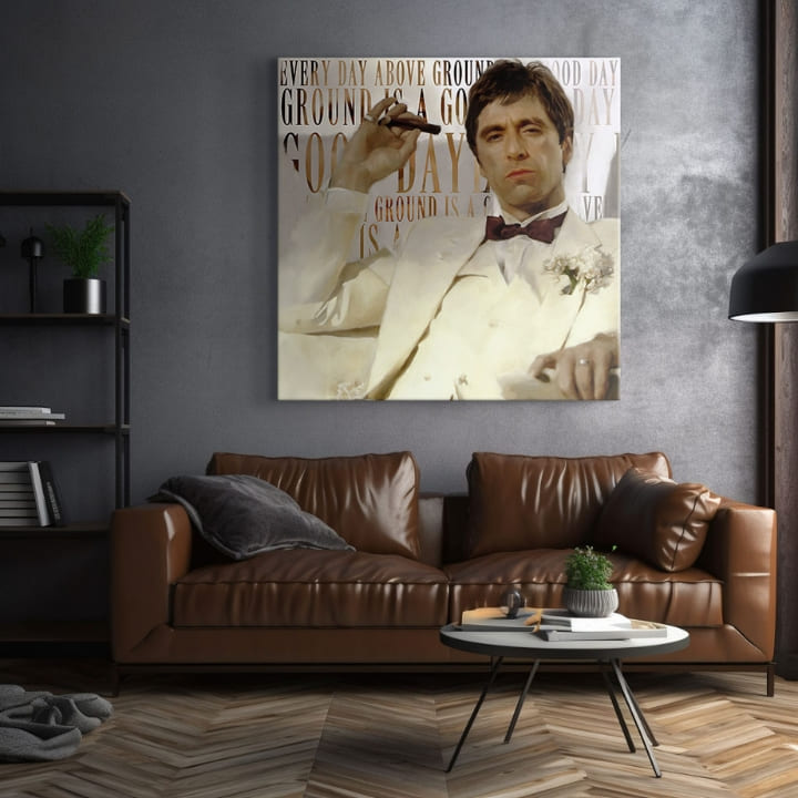 Pop art tablou pe pânză cu motivul Every day above ground is și good day în alb-bej nuanțe, potrivit pentru sufragerie | Scarface tablou pe pânză Every day above ground is și good day – produs